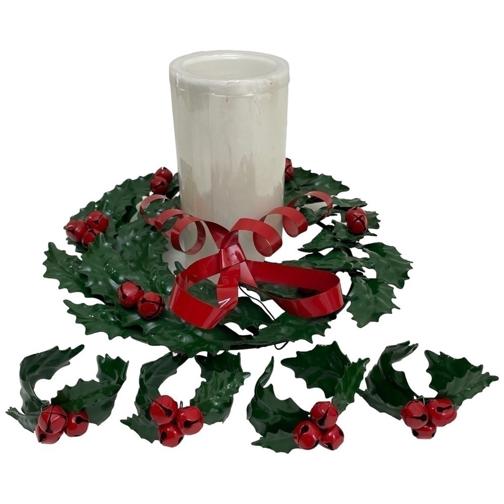 Metal Wreath Centerpiece w/ 4 Napkin Rings Department 56 Green Holly Christmas